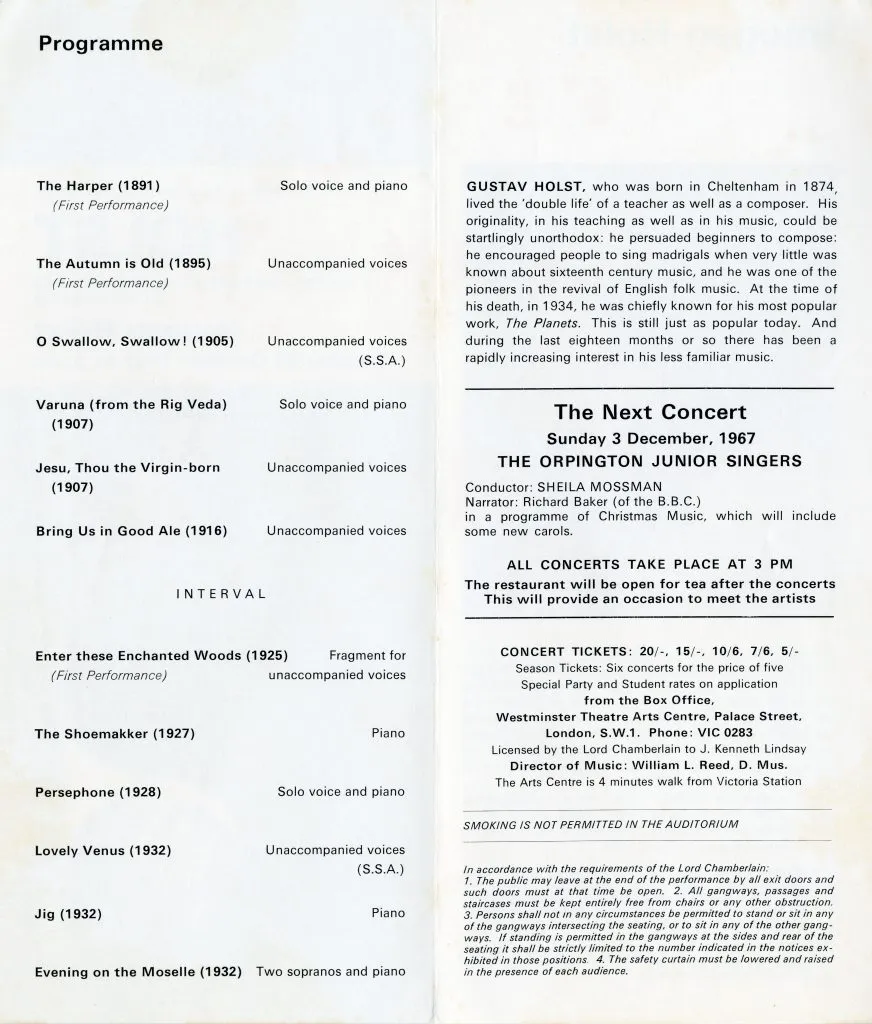Programme for the first performance of The Harper