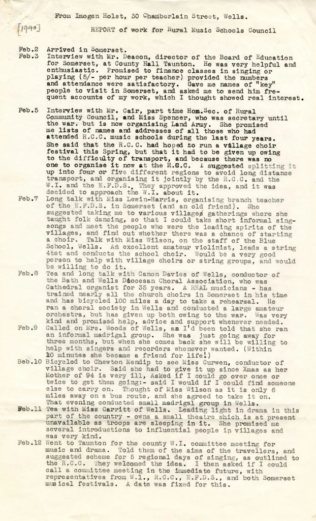 Imogen’s report of her wartime work making music, Feb 1940