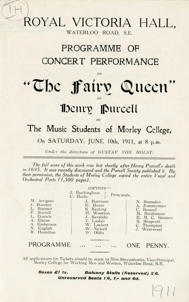 Programme Purcell Fairy Queen 1911
