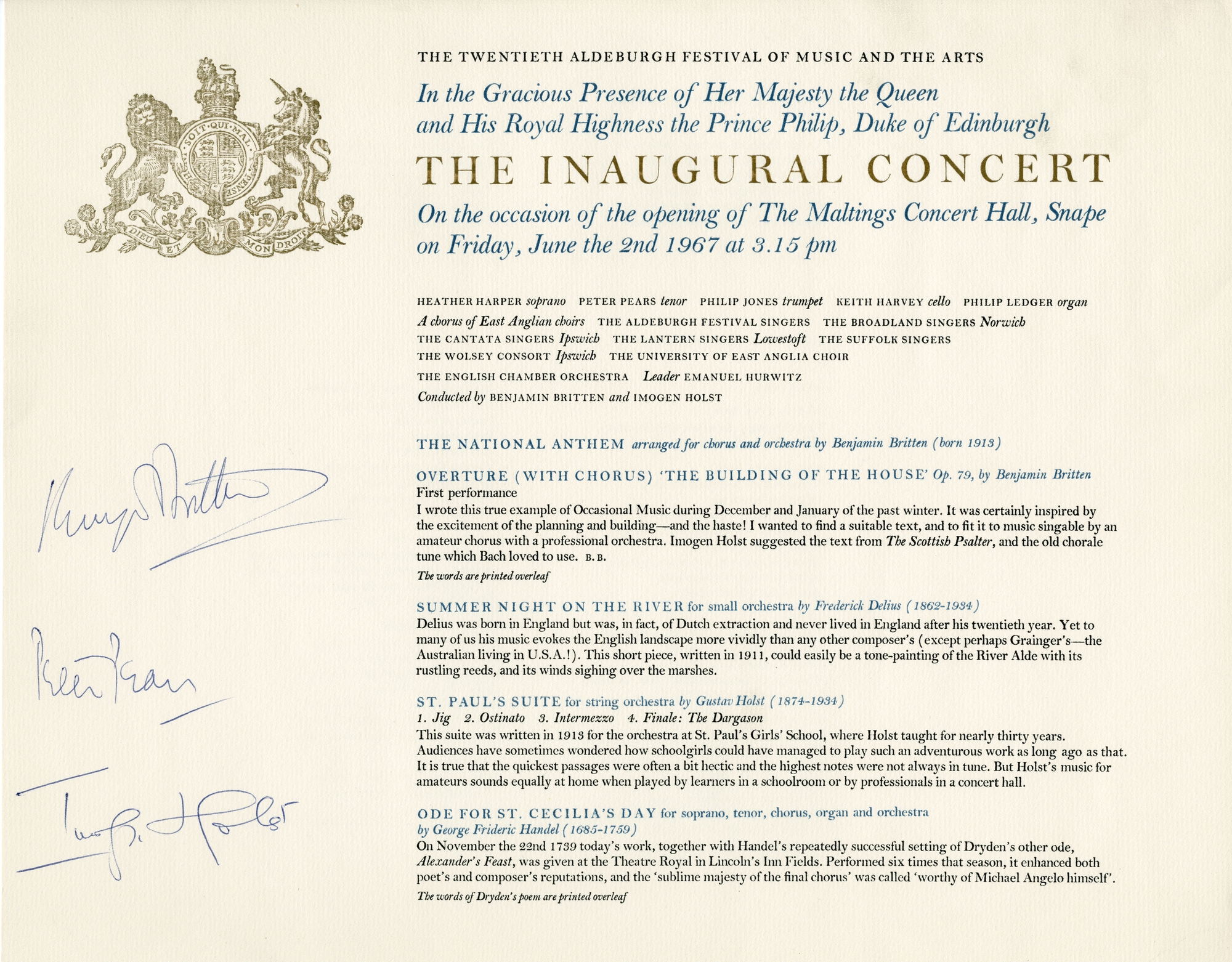 4. Programme for the inaugural concert of the 1967 Aldeburgh Festival celebrating the opening of Snape Maltings Concert Hall
